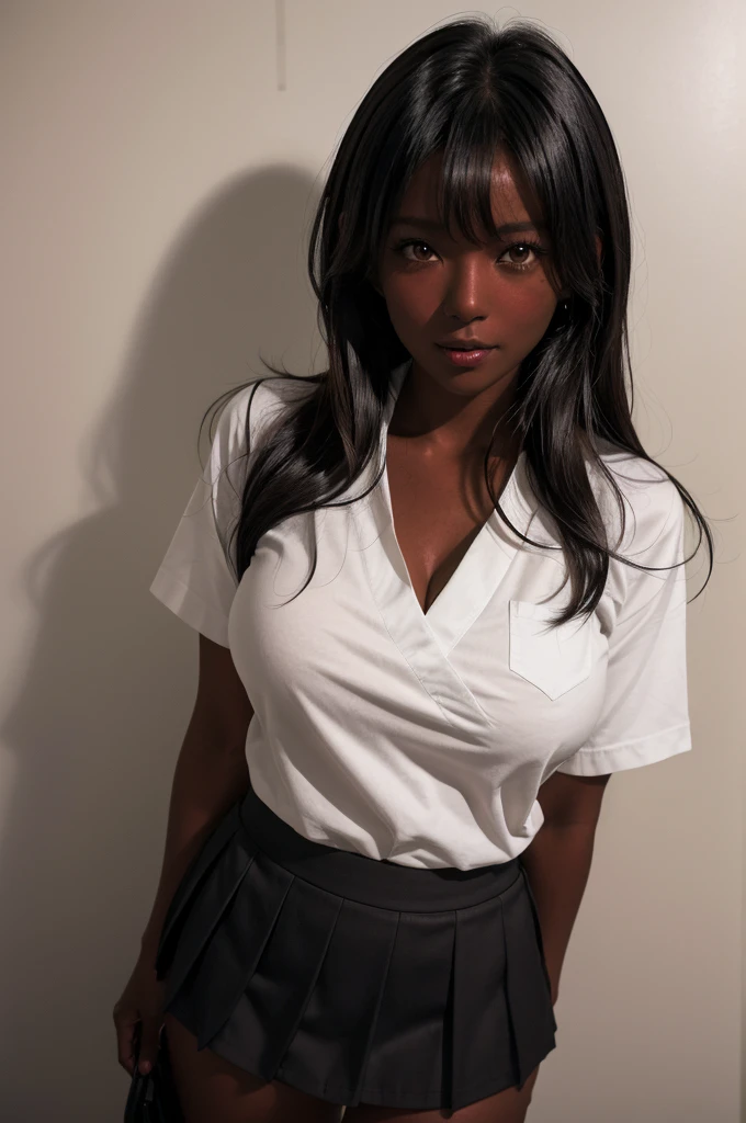 (8k ultra HD quality, best quality, art, high quality, perfect light, absurd, ultra detailed: 1.21, woman, alone, dark-skinned woman, black hair, dark skin, big breasts, sexy, Japanese school costume, portrait, black knee-high socks, sexy student, parted lips, dark eyes, looking at viewer, Japan street background, huge breasts, small sample, sexy, olive skin, dark skin, holding breasts, wallpaper, short skirt, high school girl sexy.