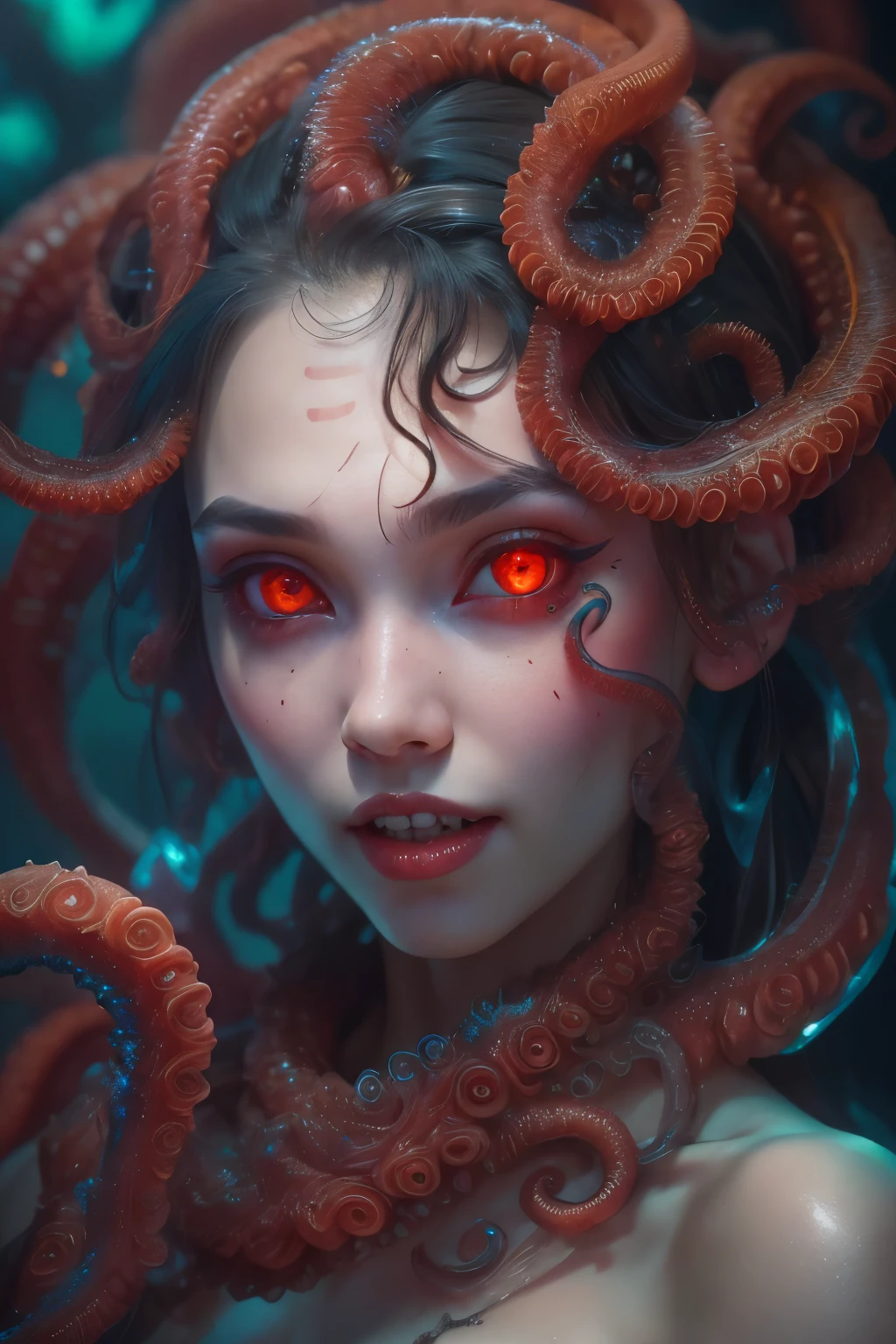 scary and sexy detailed art in color, Portrait, (beautiful and obscene female alien:1.4), (vulgarity1.5), (she has glowing red eyes with no pupils:1.8), (Translucent skin:1.7),  ((There is a female genital-like organ in the middle of the forehead:1.9)), (The most beautiful face in the history of the universe:1.2),an evil gaze that seduces, (large mouth:1.1), (sharp teeth like a vampire:1.2), Full body portrait, (bio luminescent:1.5), (Smile wickedly:1.3),  (sexypose:1.5), incredibly beautiful matured alien, (she has unparalleled beauty:1.5),  No humans, cells are fused, (Lots of translucent tentacles:1.6) extraterrestrial, cell, bio image, best quality, 8K,In 4K_quality, High freshness, Dramatic Lighting, masterpiece:1.5, cinematic quality, detail up, (exquisite details:1.2), high resolution, High freshness, drawing faithfully, (Thick eyebrows:1.2), Beautiful eyes with fine symmetry, (Highly detailed face and eyes:1.2),  (Super detailed skin quality feeling:1.1), perfect anatomy,  (Beautiful toned body:1.5),  (Moist skin:1.2), not wearing makeup, (dark circles:1.1), long canines, cinematic drawing of characters, ultra high quality model, cinematic quality, detail up, (exquisite details:1.2), high resolution, High freshness, drawing faithfully, official art, Unity 8K Wall  , 8K Portrait, best quality, Very high resolution, ultra detailed artistic photography, midnight aura,  unreal engine 5, Ultra Sharp Focus, art by Amano Yoshitaka, ArtGerm, Roisch, intricate artwork, best quality, masterpiece, ultra high resolution, (photos realistic:1.4), ultra realistic realism, dream-like, nautilus, Creation of fantasy, Snail, Dream Snail, (biopunk nautilus:1.3),Thrilling color schemes, ultra realistic realism, seductively smiling, (white tentacles with stripes:1.2), subtle emerald green accents, (expression of ecstasy:1.6) , in the dark, she has snake-like eyes