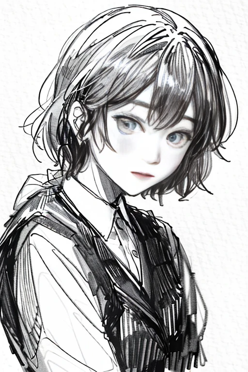 best quality, masterpiece, Sketch·Monochrome, Traditional media, pencil drawing, 1 girl, Uniforms, Jie Kang, happy, wave,