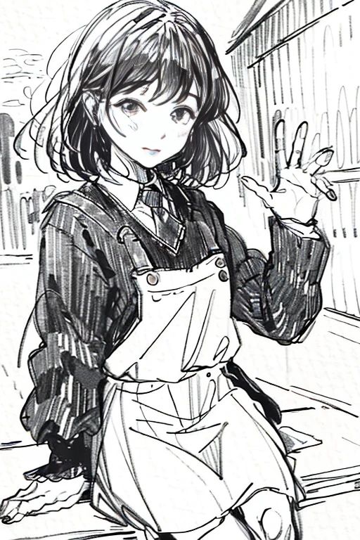 (best quality, masterpiece:1.2), monochromatic sketch, traditional media, pencil drawing, 1 girl, school uniform, joyful, waving