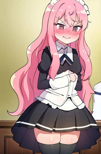1girl, embarrassed, (forced smile:1.1), (blush:1.3), (nose blush:1.3), (full-face blush:1.3), v, sexy maid, stockings, (looking to the side :1.7), see-through clothes, navel, short skirt, see-through camisole, flat chest, petite, masterpiece, high quality, highres, absurdres, detailed face features, cinematic lights, indoors、女は悪臭を放つ、オナラをする、恥じらい、赤面、顔力上がる、全身写真、お尻からガスが出る