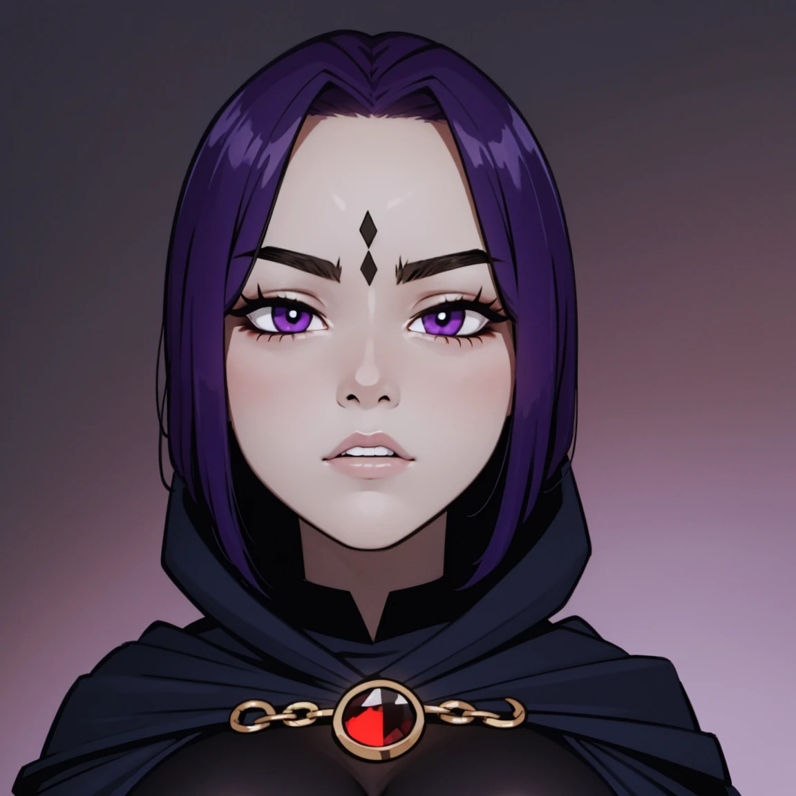 Raven, titans, hooded, goth girl, autumn forest background, detailed, detailed, detailed, beautiful, detail, goth girl, masterpiece, purple clothes, red jewel centre head, dark night background, gothic, goth, goth, detailed, goth girl, piercings, detailed face, looking viewer, raven, (Dark eye shadow) dark eye shadow, black eye shadow,