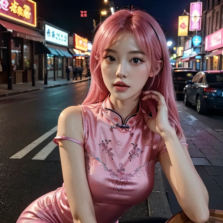 (highest quality, High resolution, masterpiece :1.3), Beautiful woman, slender body shape, pink hair, T-shirt, (Street in city at night), Highly detailed face and skin texture, fine eyes, double eyelid,Being in a restaurant wearing red cheongsam