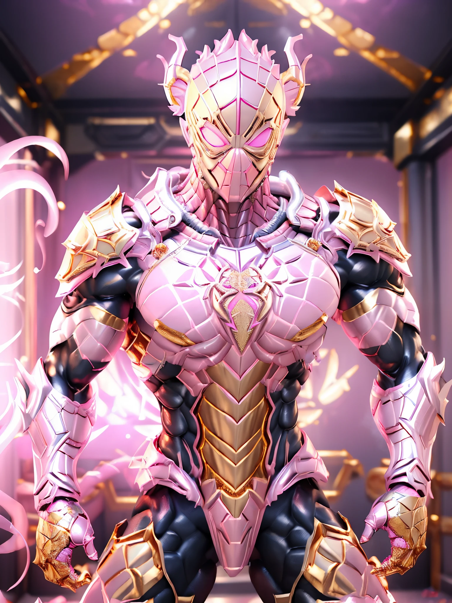 Spiderman, (gold, Pink:1.5), DRAGON HEAD, HEAVY CRYSTAL ARMOR, TRANSPARANT, MUSCLE ABS, colourful smoke around the character