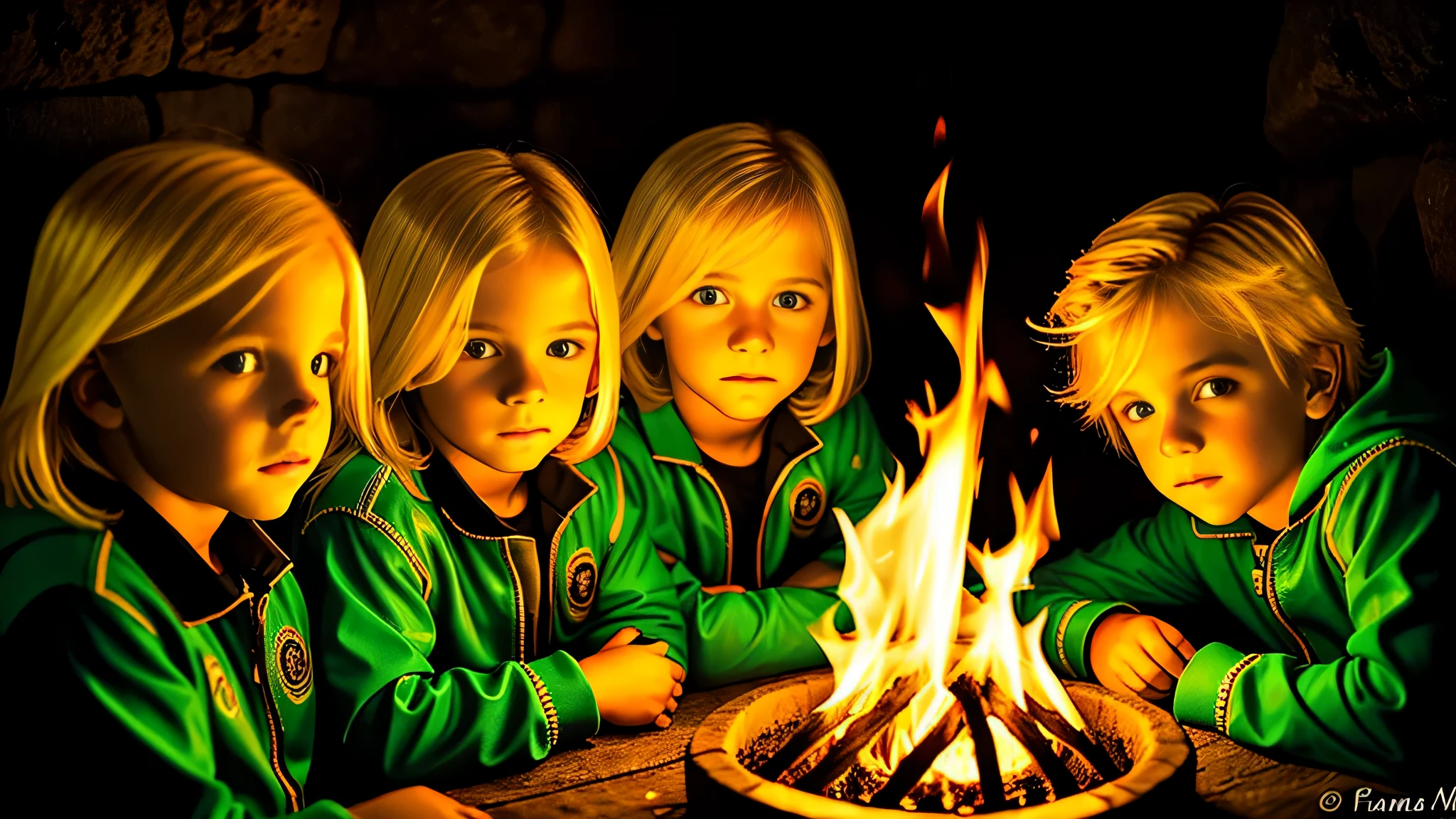 3 meninos loiros COM CABELO LISO, jaqueta de couro preta e roupa PORTRAIT , the flames are glowing in the dark with a GREEN fire reflection, chamas de fogo, chamas ao fundo, fogo e chamas, chamas ao fundo.