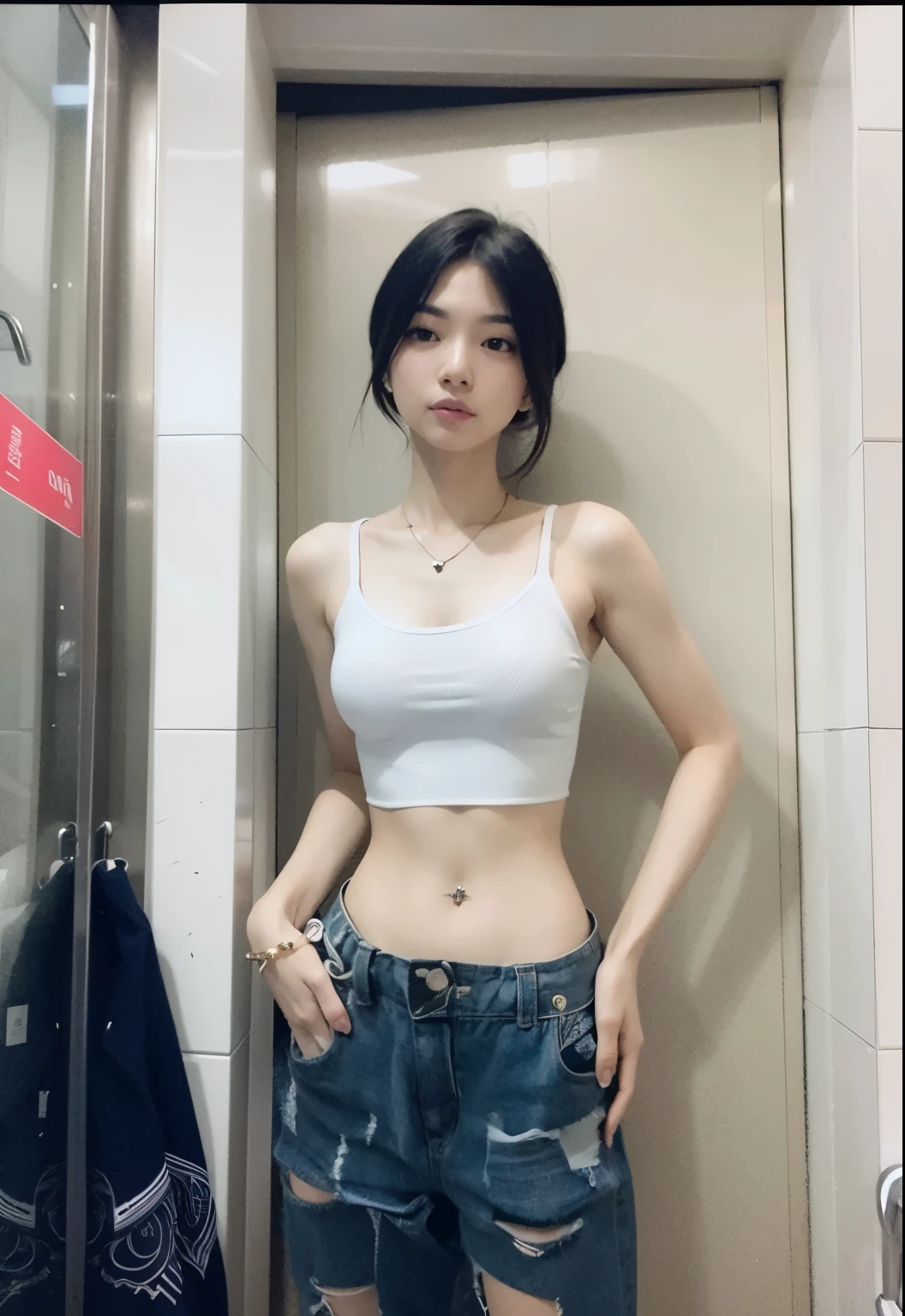 There's a woman standing in the bathroom with her hands on her hips, Photos of slim girls model, Photos of slim girls, 24 year old female model, wearing tight simple clothes, V-chest clothes, Taiwanese girl with tattoos, Korean female fashion model, Wearing a sexy crop top, Wearing a crop top, Instagram model, Beautiful young Korean woman