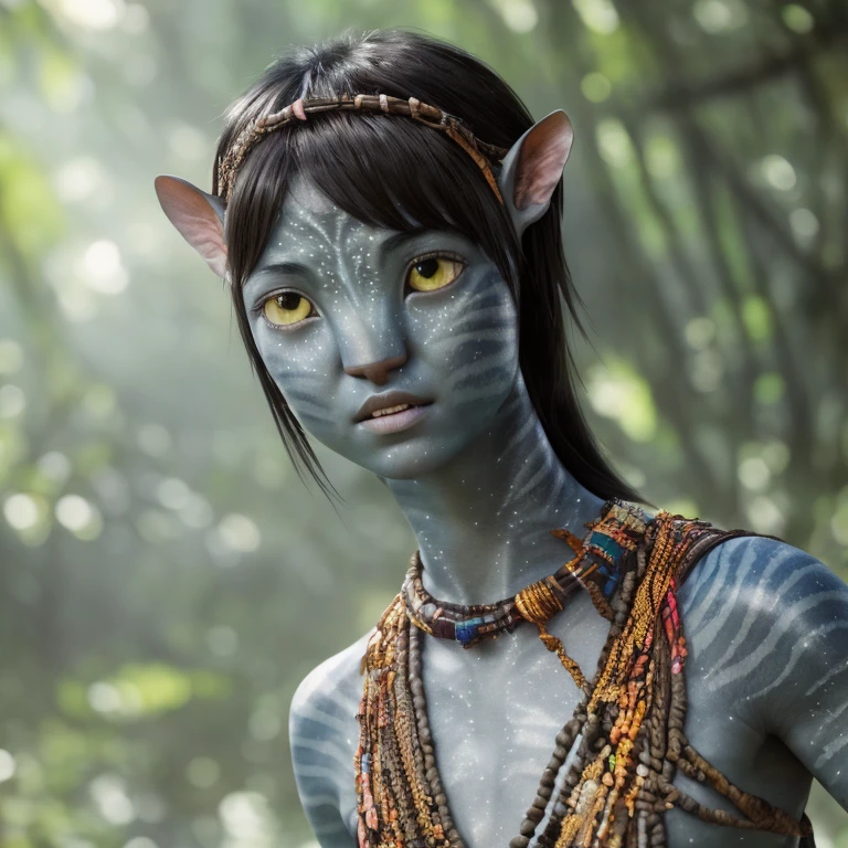 avtr:0.9, avatar style, portrait photo:1.6, 1girl:1, female, (asian, japanese), gray skin color:1.0, (gray skin tone:1.3), (short hair:1.0), black hair color, (), teen wearing tribal clothing, wearing a top:1, wearing a loincloth, detailed eyes, toned body, muscled body, glowing, ethereal atmosphere, natural lighting, textured skin, otherworldly beauty, mesmerizing photography, (best quality, highres), vivid colors, ultrarealistic, skin details, striped skin, sfw, face close-up, (eyebrowless:1.0), ultradetailed body, vulcanic lands background, cloudy