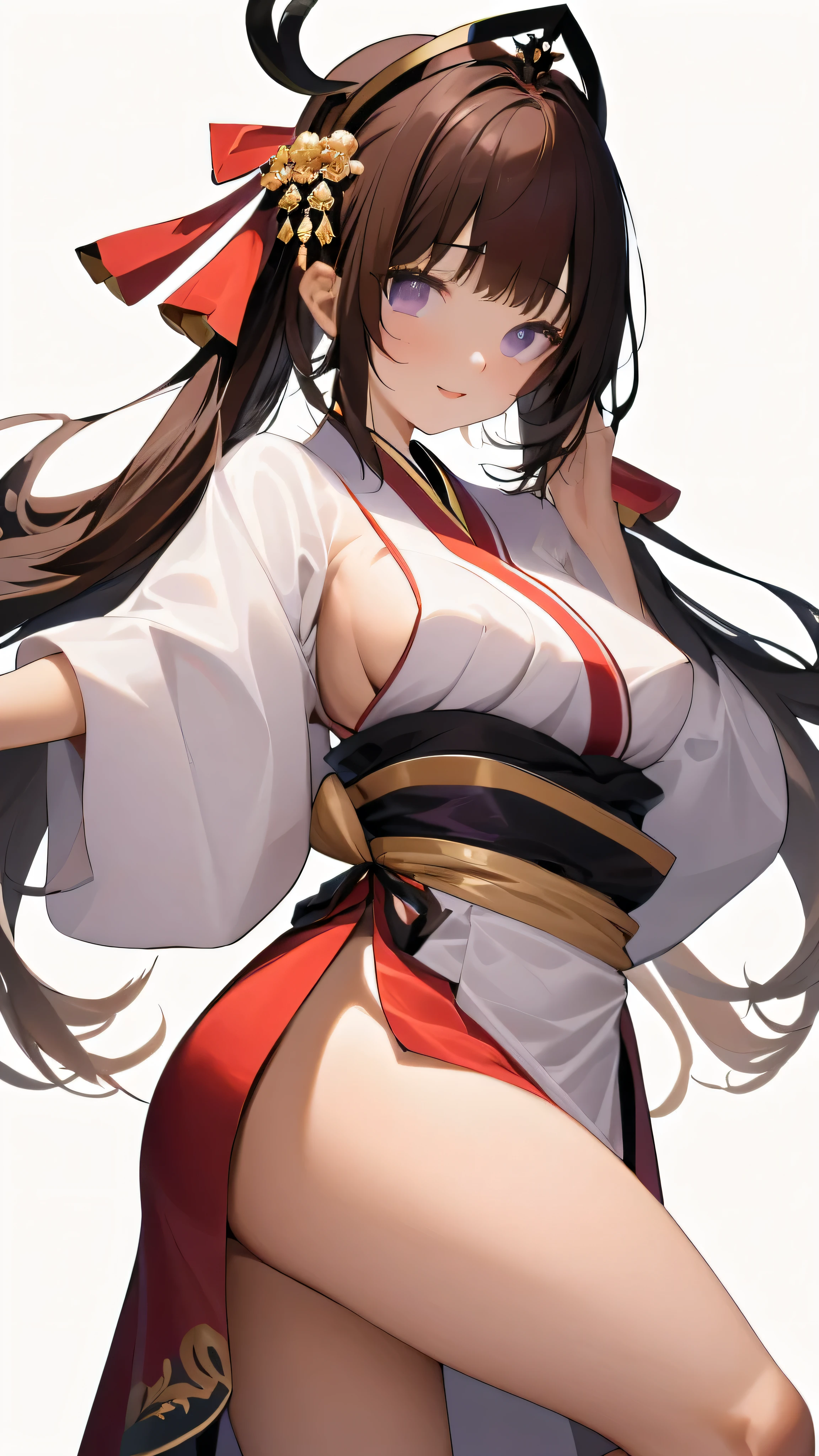 ((Best quality, 8K, Ultra-detailed, Masterpiece: 1.3)), 3 girl, Shiny skin, Sharp, Perfect body beauty, realistic shadow perfect body,("Japanese shrine maiden outfit,Flowing":1.2),Big_Breasts ,Young girl, short girl,upper legs , indoors, White background,cleavage, standing arms down, M legs, your ass, ("Dark Brown long hair, ahoge, dark purple eyes ,Sideswept parted hair":1.5), portrait shot,(" no background":2)