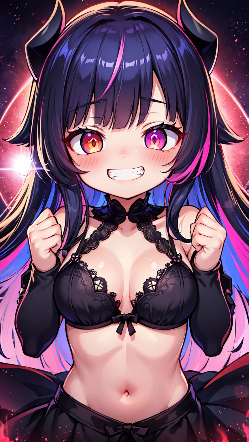 (((1girl))), anime girl with pink eyes and long hair in a dark room, evil smile and glowing eyes, with red glowing eyes, with glowing eyes, with glowing red eyes, (((grinning evilly))), glowing eyes everywhere, malevolent smile, evil grin, evil smile, anime monster girl, demon, yandere intricate, {{masterpiece}}, best quality, extremely detailed CG unity 8k wallpaper, cinematic lighting, lens flare, beautiful detail eyes, black, lingerie, white lace bra, multicolored hair, colorful light, particles, heterochromia, (colorful:1.5), (colorful hair:1.5),