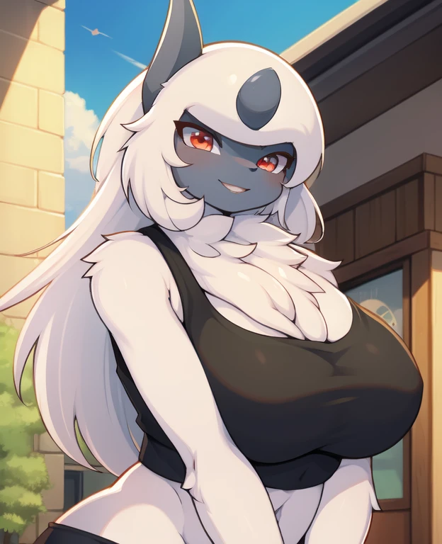 Absol, Pokemon, white fur, gray horn, red eyes, smiling, Lovely, masterpiece, whole body,, , Cinema lighting, by woolroll, crayon \(artist\), Buta 99, Detailed background, outdoor, blue eyes,, [by dagashi|Ancesla:0.5], (by ainshelm|by tom_fish creek)]Big breasts，long white hair，Black belly，black skin，crop top