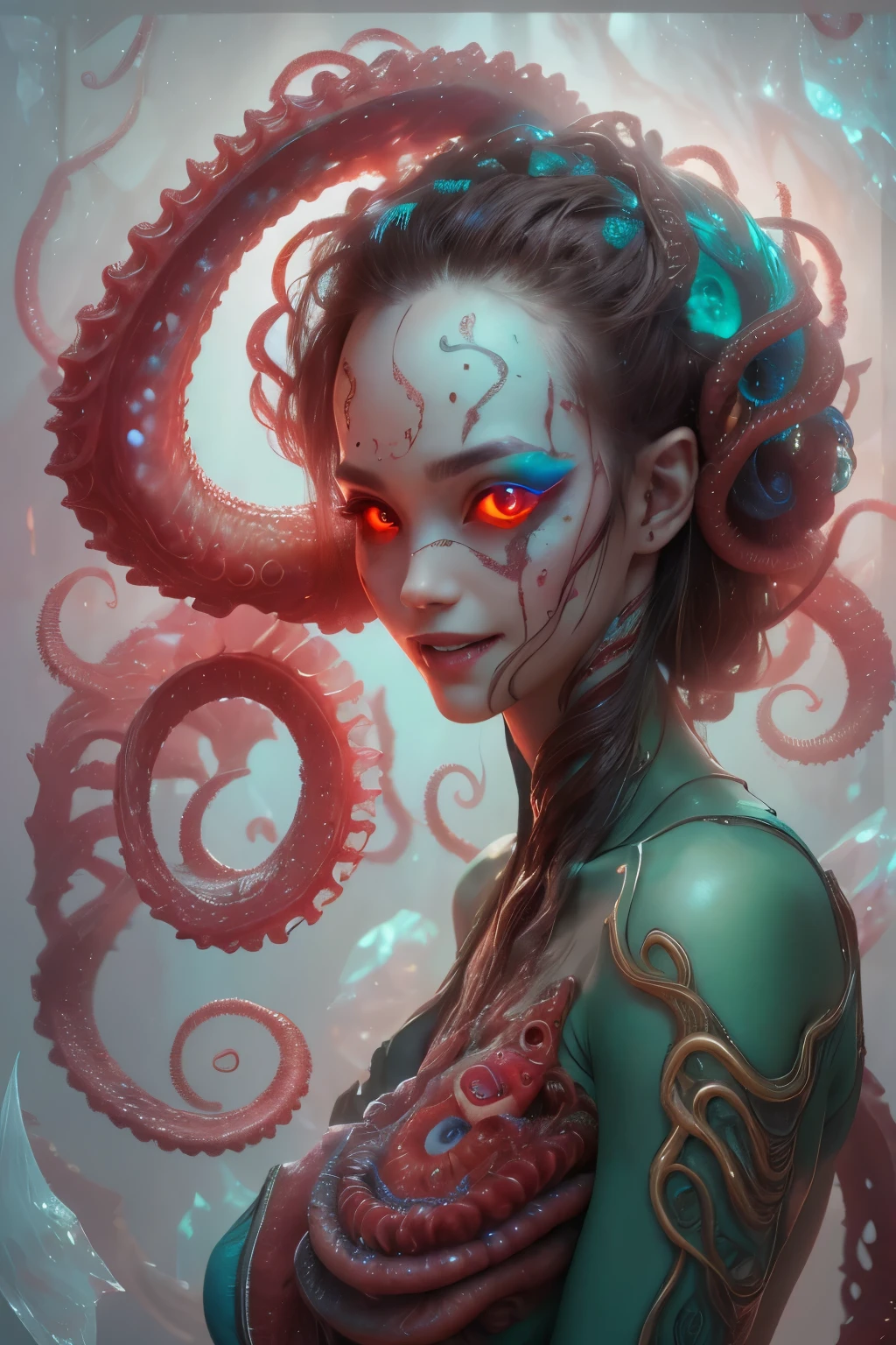 scary and sexy detailed art in color, Portrait, (beautiful and obscene female alien:1.4), (vulgarity1.5), (she has glowing red eyes with no pupils:1.8), (Translucent skin:1.7), ((There is a female genital-like organ in the middle of the forehead:1.9)), (The most beautiful face in the history of the universe:1.2),an evil gaze that seduces, (large mouth:1.1), (sharp teeth like a vampire:1.2), Full body portrait, (bio luminescent:1.5), (Smile wickedly:1.3), (sexypose:1.5), incredibly beautiful matured alien, (she has unparalleled beauty:1.5), No humans, cells are fused, (Lots of translucent tentacles:1.6) extraterrestrial, cell, bio image, best quality, 8K,In 4K_quality, High freshness, Dramatic Lighting, masterpiece:1.5, cinematic quality, detail up, (exquisite details:1.2), high resolution, High freshness, drawing faithfully, (Thick eyebrows:1.2), Beautiful eyes with fine symmetry, (Highly detailed face and eyes:1.2), (Super detailed skin quality feeling:1.1), perfect anatomy, (Beautiful toned body:1.5), (Moist skin:1.2), not wearing makeup, (dark circles:1.1), long canines, cinematic drawing of characters, ultra high quality model, cinematic quality, detail up, (exquisite details:1.2), high resolution, High freshness, drawing faithfully, official art, Unity 8K Wall , 8K Portrait, best quality, Very high resolution, ultra detailed artistic photography, midnight aura, unreal engine 5, Ultra Sharp Focus, art by Amano Yoshitaka, ArtGerm, Roisch, intricate artwork, best quality, masterpiece, ultra high resolution, (photos realistic:1.4), ultra realistic realism, dream-like, nautilus, Creation of fantasy, Snail, Dream Snail, (biopunk nautilus:1.3),Thrilling color schemes, ultra realistic realism, seductively smiling, (white tentacles with stripes:1.2), subtle emerald green accents, (expression of ecstasy:1.6) , in the dark, she has snake-like eyes