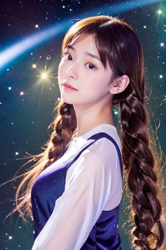 Photographic images in which facial expressions and hair are detailed and depicted in ultra-high definition.。A glittering space illuminated by spotlights。
Her name is Mifuyu Yu。
her  is 14 er dream is to become an astronaut。
she is practicing。
her hair is in twin tails her hair is dyed pink。
All of her clothing is pure white and delicately meshed silk.。
she is an angel。
She is floating。
she is jumping up and down。