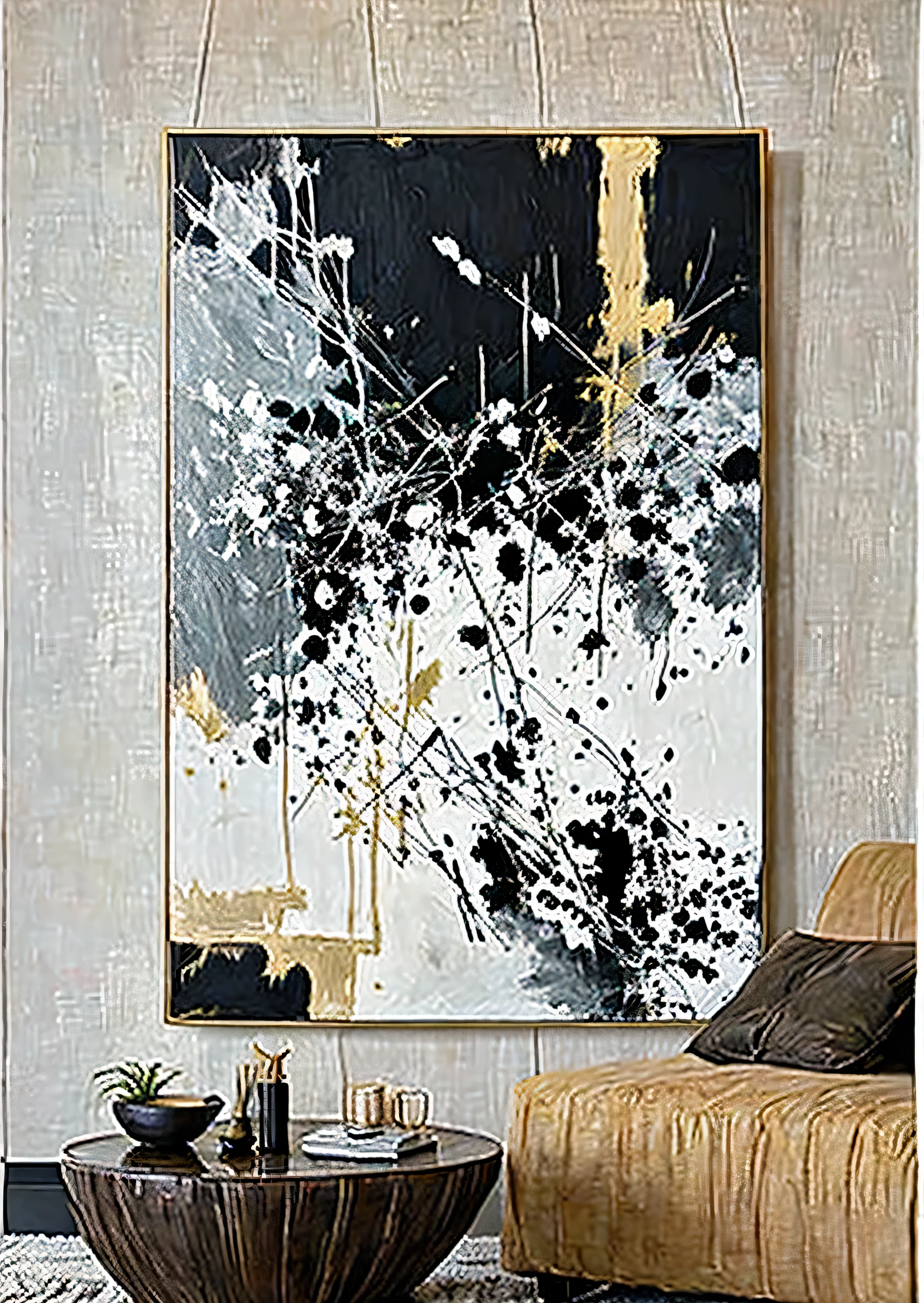 There is a painting on the wall above the coffee table, abstract minimalist painting, Abstract painting oil on canvas, Abstract minimalism, Black abstraction, The paintings are elegant and delicate, canvas art print, gold leaf painting, oil paint strokes, This painting is a big canvas, Abstract minimalism艺术, abstract oil painting, abstract black oil, Paint on canvas