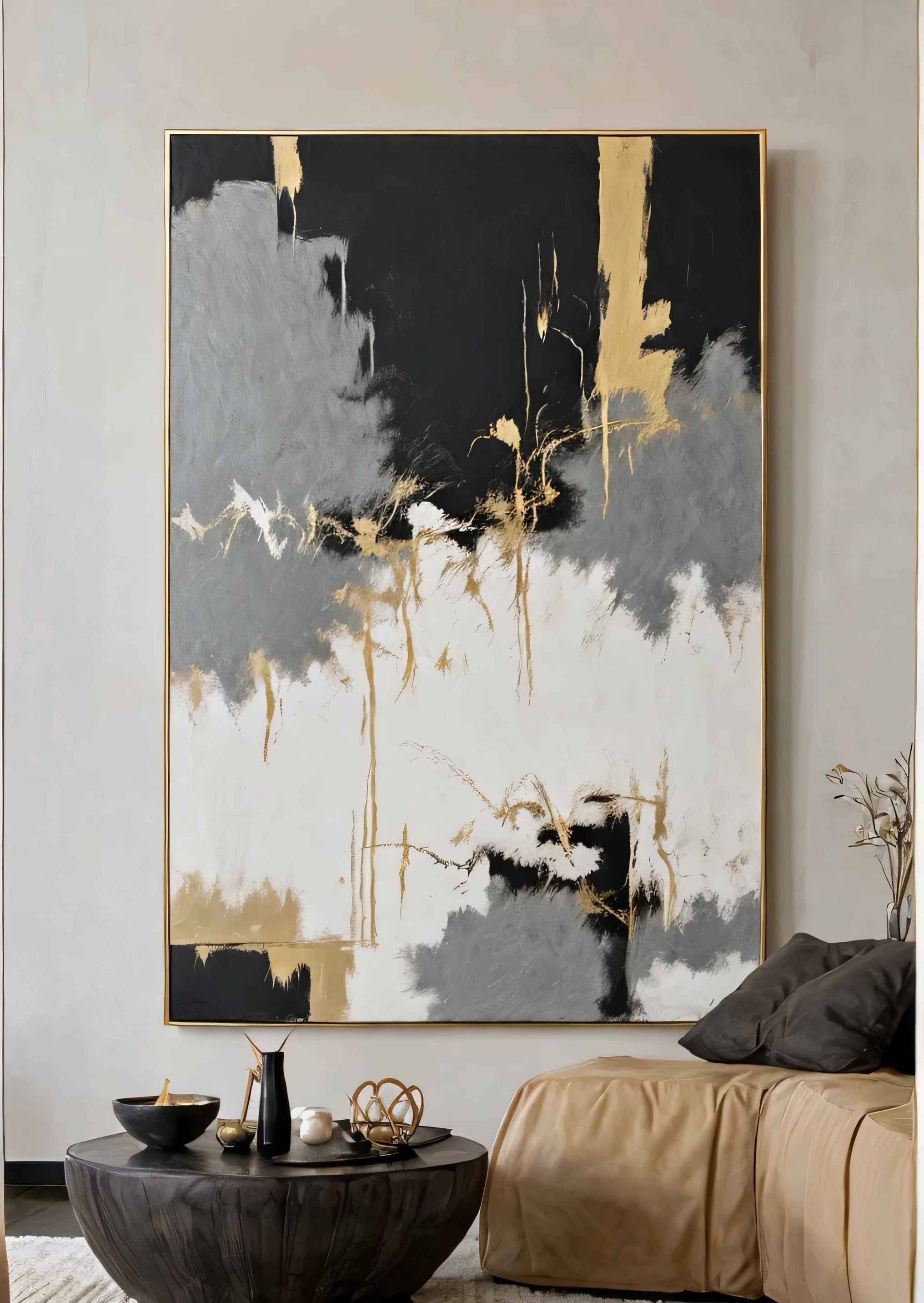 There is a painting on the wall above the coffee table, abstract minimalist painting, Abstract painting oil on canvas, Abstract minimalism, Black abstraction, The paintings are elegant and delicate, canvas art print, gold leaf painting, oil paint strokes, This painting is a big canvas, Abstract minimalism艺术, abstract oil painting, abstract black oil, Paint on canvas