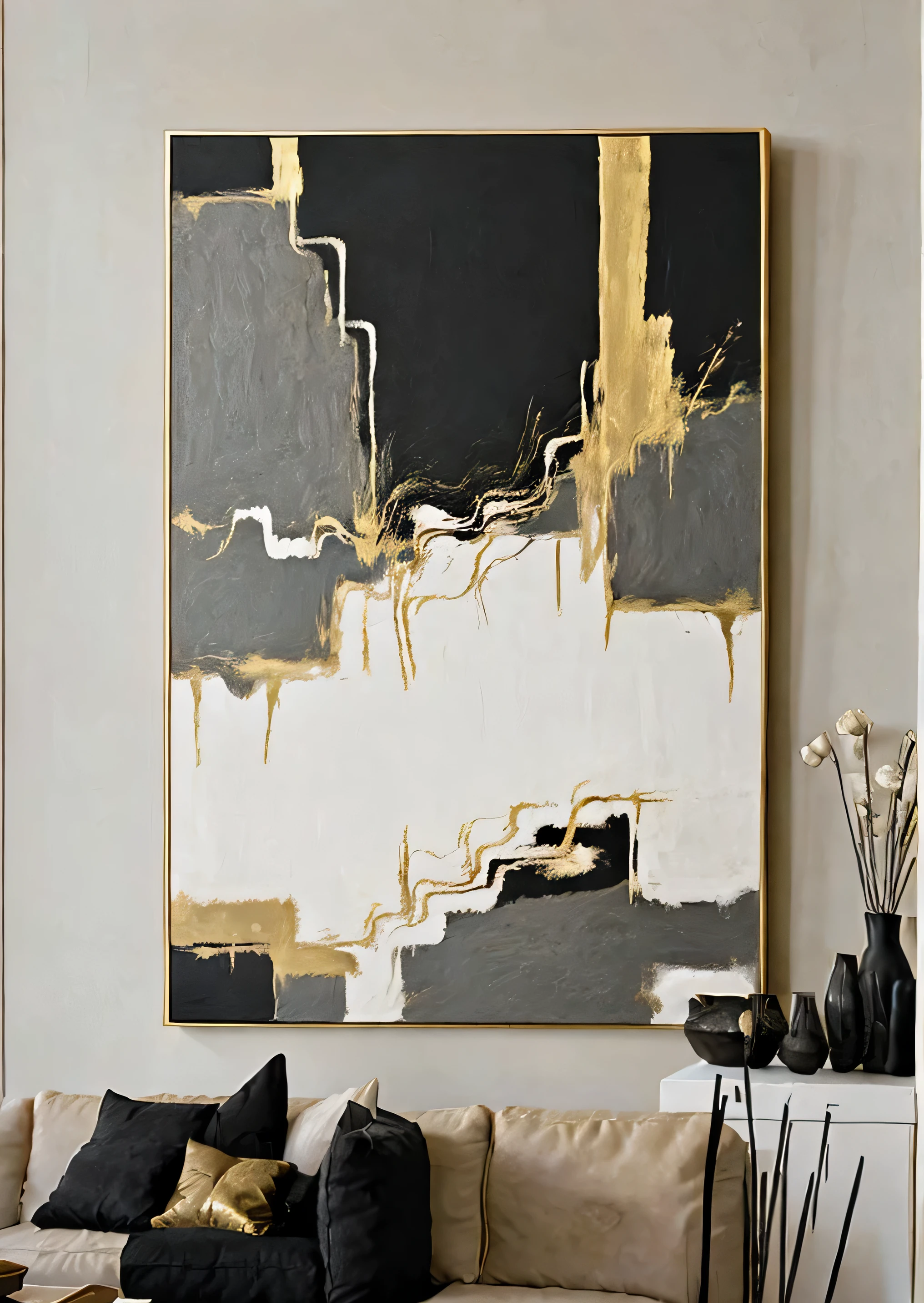 There is a painting on the wall above the coffee table, abstract minimalist painting, 布面abstract oil painting, Abstract minimalism, Black abstraction, The paintings are elegant and delicate, canvas art print, gold leaf painting, oil paint strokes, This painting is a big canvas, Abstract minimalism艺术, abstract oil painting, abstract black oil, Paint on canvas