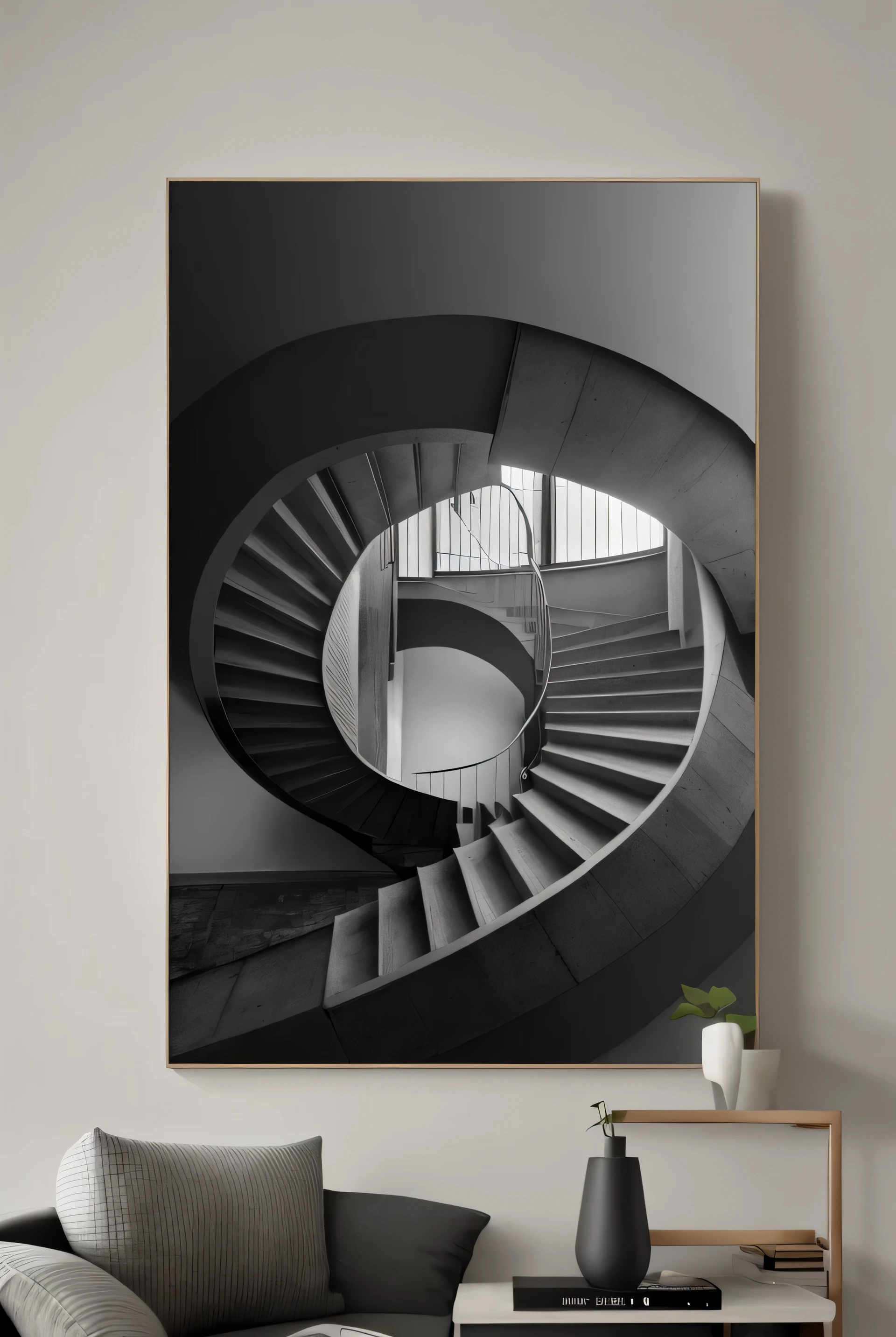 Close-up of sofa in room,There is a painting on the wall, 高品质的architecture艺术, architecture, architecture照片graph, architecture艺术, 1 stair, architecture照片, 3d geometric abstract art, beautiful, Simple and exquisite structure, Industrial art style, HD art, canvas art, spiral stairs, spiral stairs, black and white painting, Digital Art 9 6 0