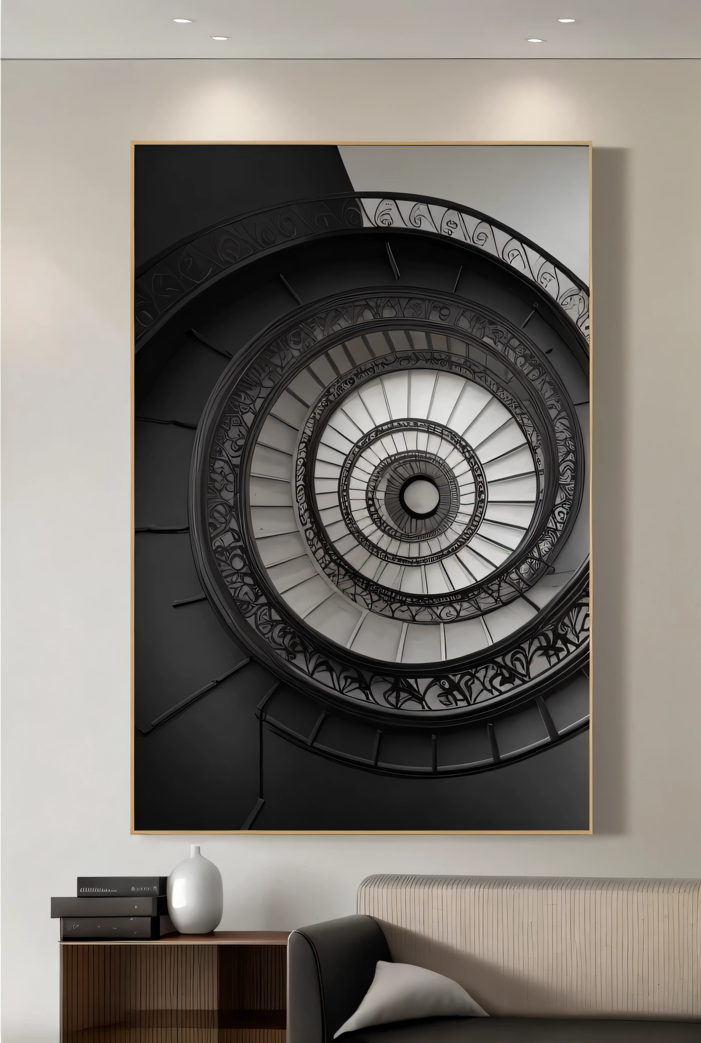 Close-up of sofa in room,There is a painting on the wall, 高品质的architecture艺术, architecture, architecture照片graph, architecture艺术, 1 stair, architecture照片, 3d geometric abstract art, beautiful, Simple and exquisite structure, Industrial art style, HD art, canvas art, spiral stairs, spiral stairs, black and white painting, Digital Art 9 6 0