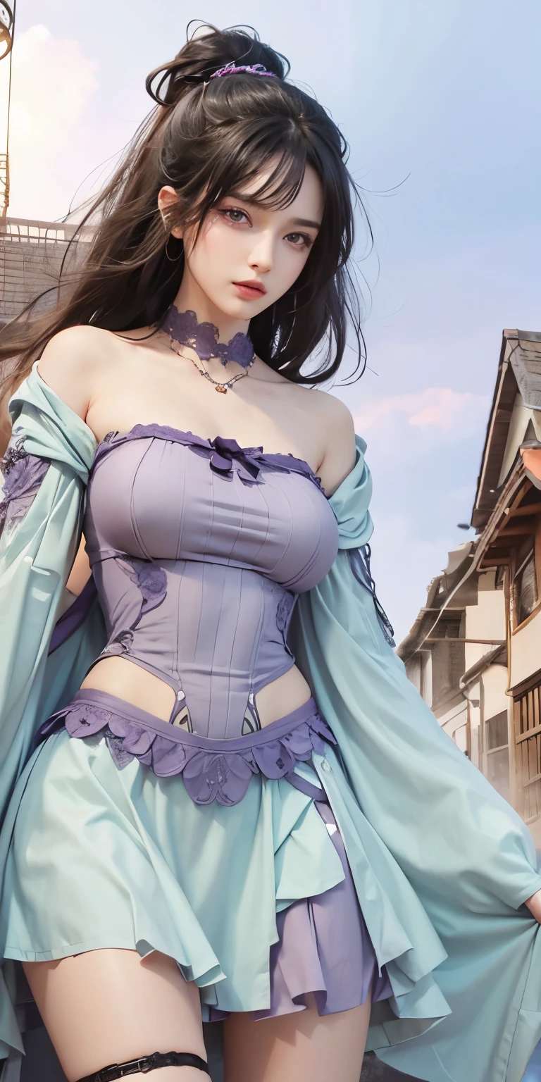 1girl,big breast, black hair, purple eyes,high quality, ultra detailed, masterpiece, realistic, clothes 