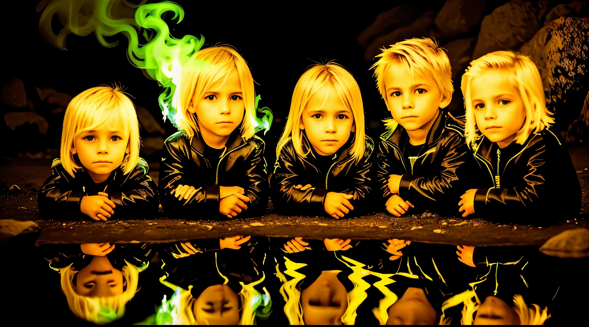 3 blonde children boys WITH STRAIGHT HAIR, jaqueta de couro preta e roupa PORTRAIT , the flames are glowing in the dark with a GREEN fire reflection, Chamas de fogo, Chamas ao fundo, Fogo e chamas, Chamas ao fundo.