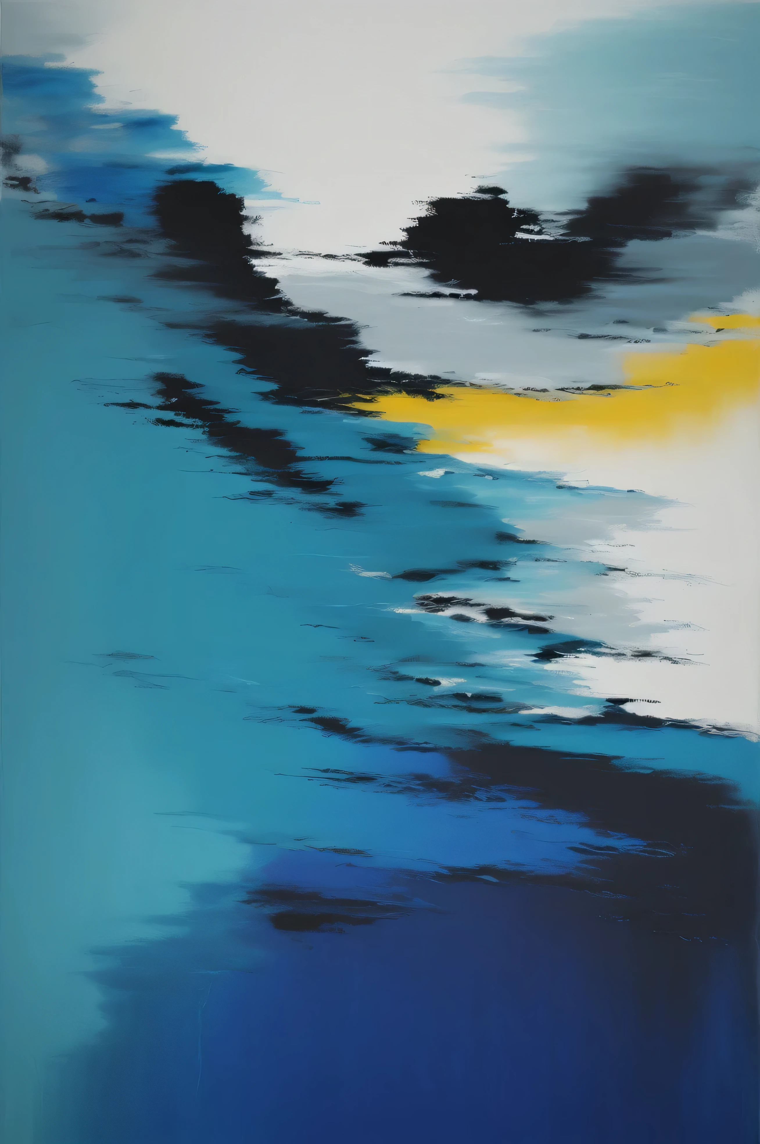 Blue and abstract painting painted with white and black paint, by Judy Kasab, author:Lee Loveridge, Abstract acrylic painting, inspired by cliff gray, abstract realism, detailed abstract, lyrical abstraction, author:Geza Udvari, oil painting on canvas, highly abstract, semiabstract, author:David Martin, It's a bit abstract, moody feeling, calm expression