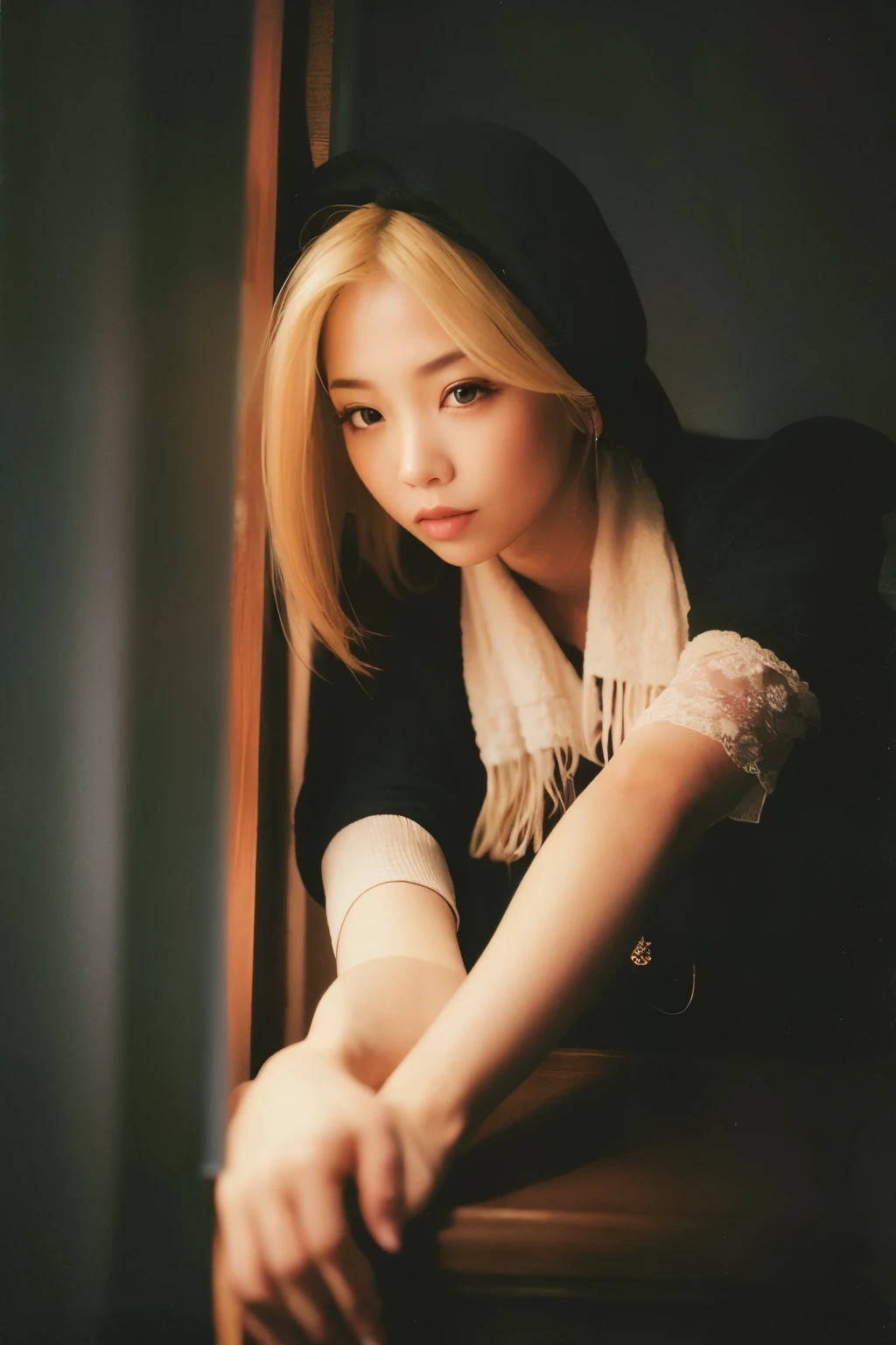 blonde woman with scarf sitting on a window sill looking outside, Sun Yunjoo, parque roseanne de blackpink, cl, jennie blackpink, portrait of jossi do blackpink, varredura de alta qualidade, jossi do blackpink, Heonhwa Choe, young pale angel, jia, Ela tem cabelo loiro, magazine scanning, Portrait of female Korean idol, brilhante da chuva, que