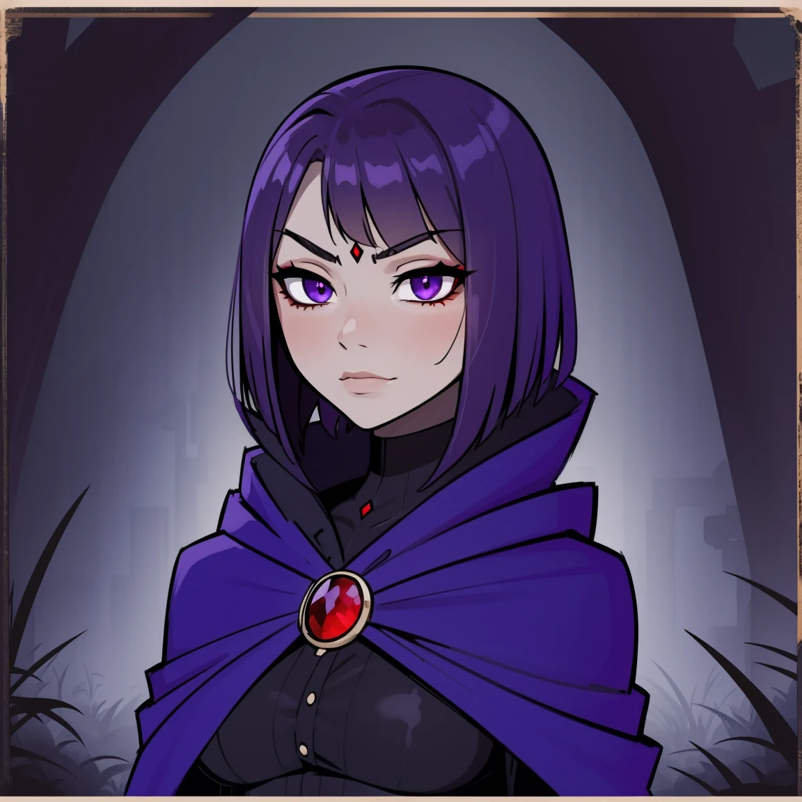 Raven, titans, hooded, goth girl, autumn forest background, detailed, detailed, detailed, beautiful, detail, goth girl, masterpiece, purple clothes, red jewel centre head, dark night background, gothic, goth, goth, detailed, goth girl, piercings, detailed face, looking viewer, raven, (Dark eye shadow) dark eye shadow, black eye shadow,