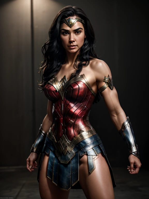 A highly detailed highly realistic image of short platinum wonder woman wearing mma dresss, heroic american stance pose, muscular, intricate, elegant, highly detailed, centered, artstation, concept art, smooth, sharp focus, mobile legend concept art.