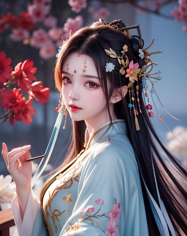 (8k, RAW photo:1.2),best quality, ultra high res,dramatic angle,(fluttered detailed color splashs), (illustration),(((1 girl))),(long hair),(rain:0.9),(hair ornament:1.4),there is an ancient palace beside the girl,chinese clothes,(focus on), color Ink wash painting,(color splashing),colorful splashing,(((colorful))),(sketch:0.8), Masterpiece,best quality, beautifully painted,highly detailed,(denoising:0.6),[splash ink],((ink refraction)), (beautiful detailed sky),moon,highly,detaild,(masterpiece, best quality, extremely detailed CG unity 8k wallpaper,masterpiece, best quality, ultra-detailed),(Lycoris radiata),