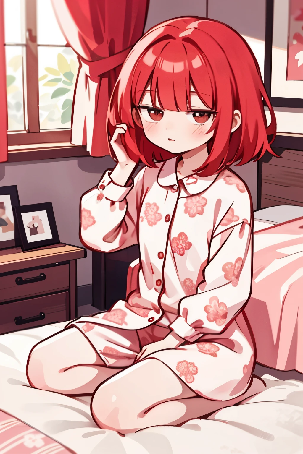 There is a woman sitting on a bed wearing a pink floral pajamas, red-haired girl, beautiful red-haired woman, red-haired woman, young red-haired girl, short bright red hair, red hair and attractive features, Anna Nikonova aka Newmilky, red-haired girl, redhead, beautiful woman, posing in bed, red head, with short red hair, posing in a room