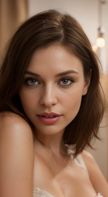 (portrait, 1girl, 23 years old, normal height, average chest, large thighs, thin waist, tanned skin, long dark brown hair, hazel colored eyes, pink lips, everyday clothes, natural lighting, portrait photography, high resolution, stunning quality, trending on Instagram, ((close-up, detailed facial features, natural skin texture, realistic eye and face details, soft lighting, authentic expression)))