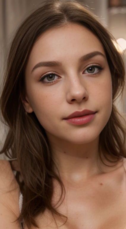 (portrait, 1girl, 23 years old, normal height, average chest, large thighs, thin waist, tanned skin, long dark brown hair, hazel colored eyes, pink lips, everyday clothes, natural lighting, portrait photography, high resolution, stunning quality, trending on Instagram, ((close-up, detailed facial features, natural skin texture, realistic eye and face details, soft lighting, authentic expression)))