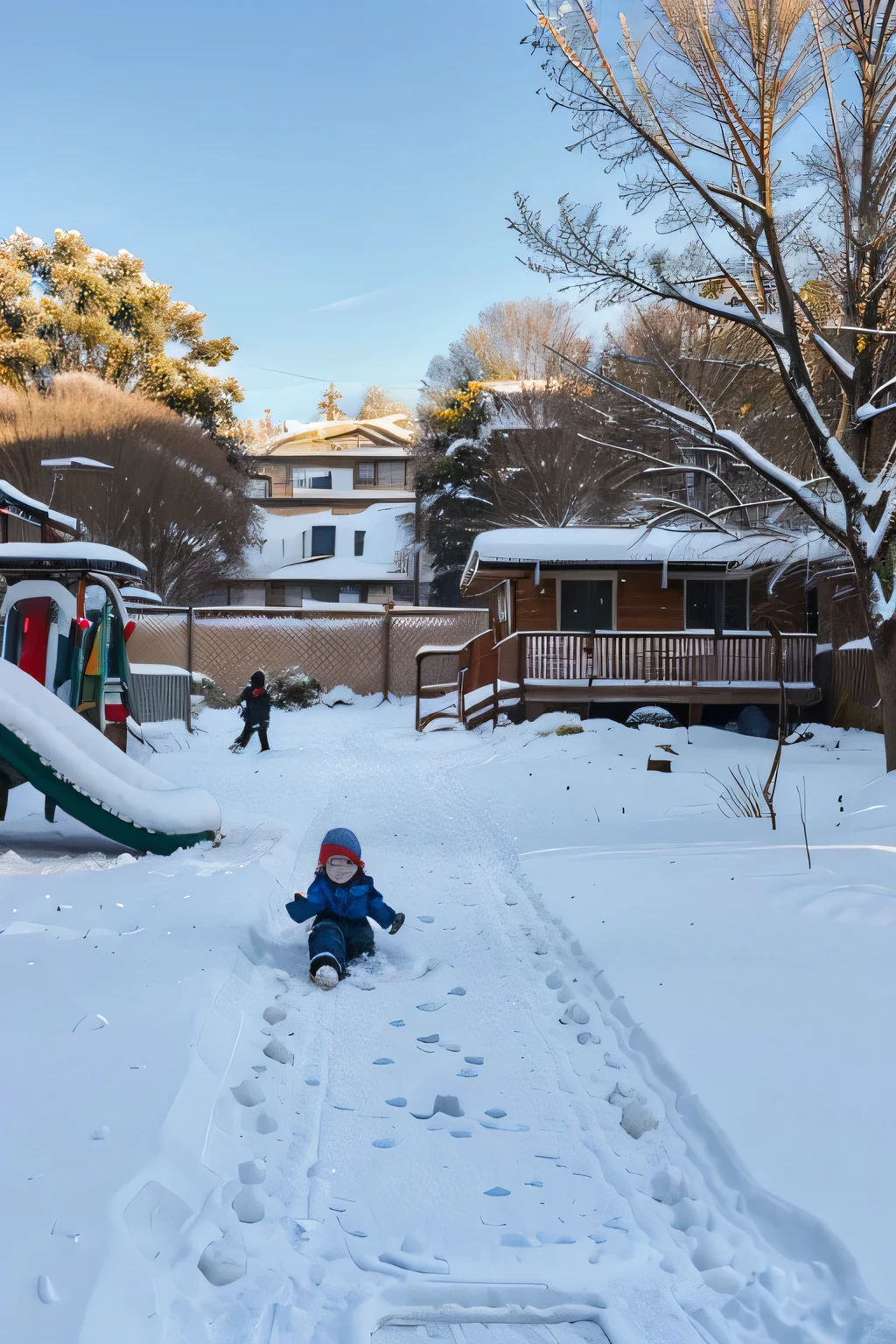 Winter in the city. Trees are covered with frost, houses in the snow, children ride down the slide, Play snowballs, let&#39;s make a snowman.
