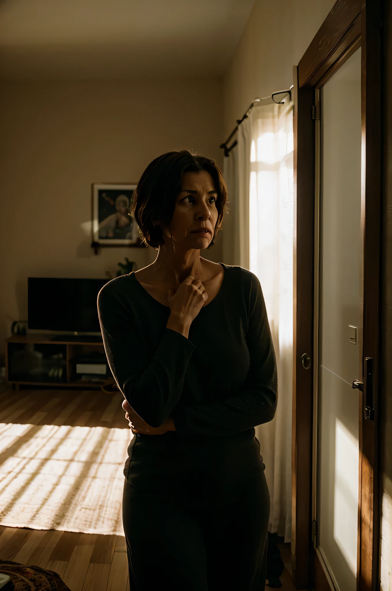 mulher de 50 anos, desesperado em uma sala de estar, morning light, fotografia de filmes de terror