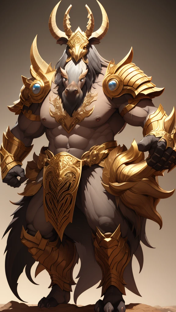 Creature with boar face and large body and large arms and closed fists and serious and serious pose and golden arcana armor of male shoulders and gray background 