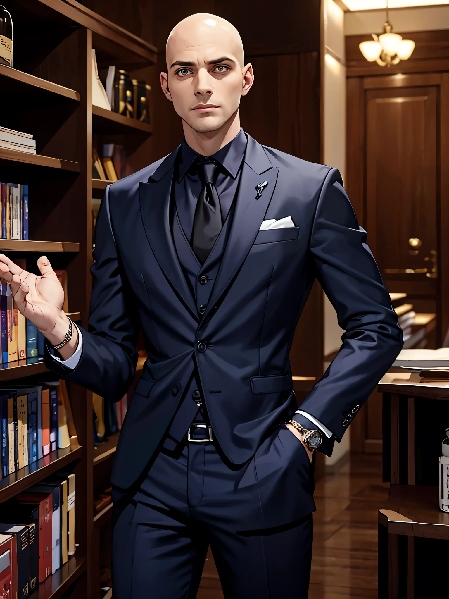 "(fechar potrait), tema sombrio, estilo moderno, (((1 homem de 30 anos))) wearing a black suit and black dress pants, atletico forte, with a serious expression, ((careca)), corpo. A cena se passa em uma biblioteca modernaa noite, com muitos livros em estantes, emphasizing pale skin and bright yellow eyes."