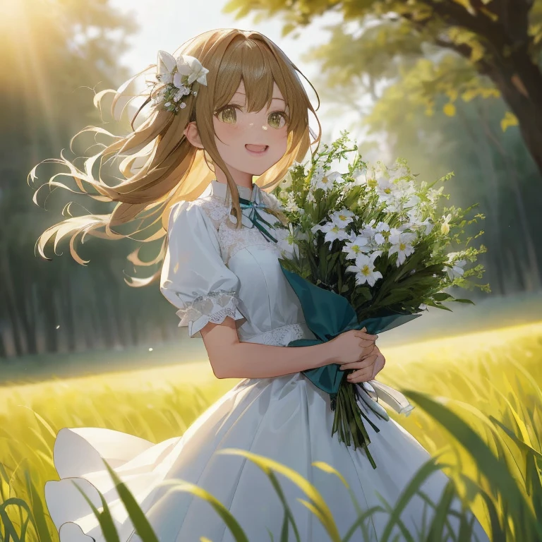 anime girl in a white dress holding a bouquet of flowers, guweiz on pixiv artstation, violet evergarden, guweiz on artstation pixiv, anime visual of a cute girl, with flowers, a maid in a magical forest, guweiz, beautiful maiden, in a field of flowers, rin, in a field with flowers