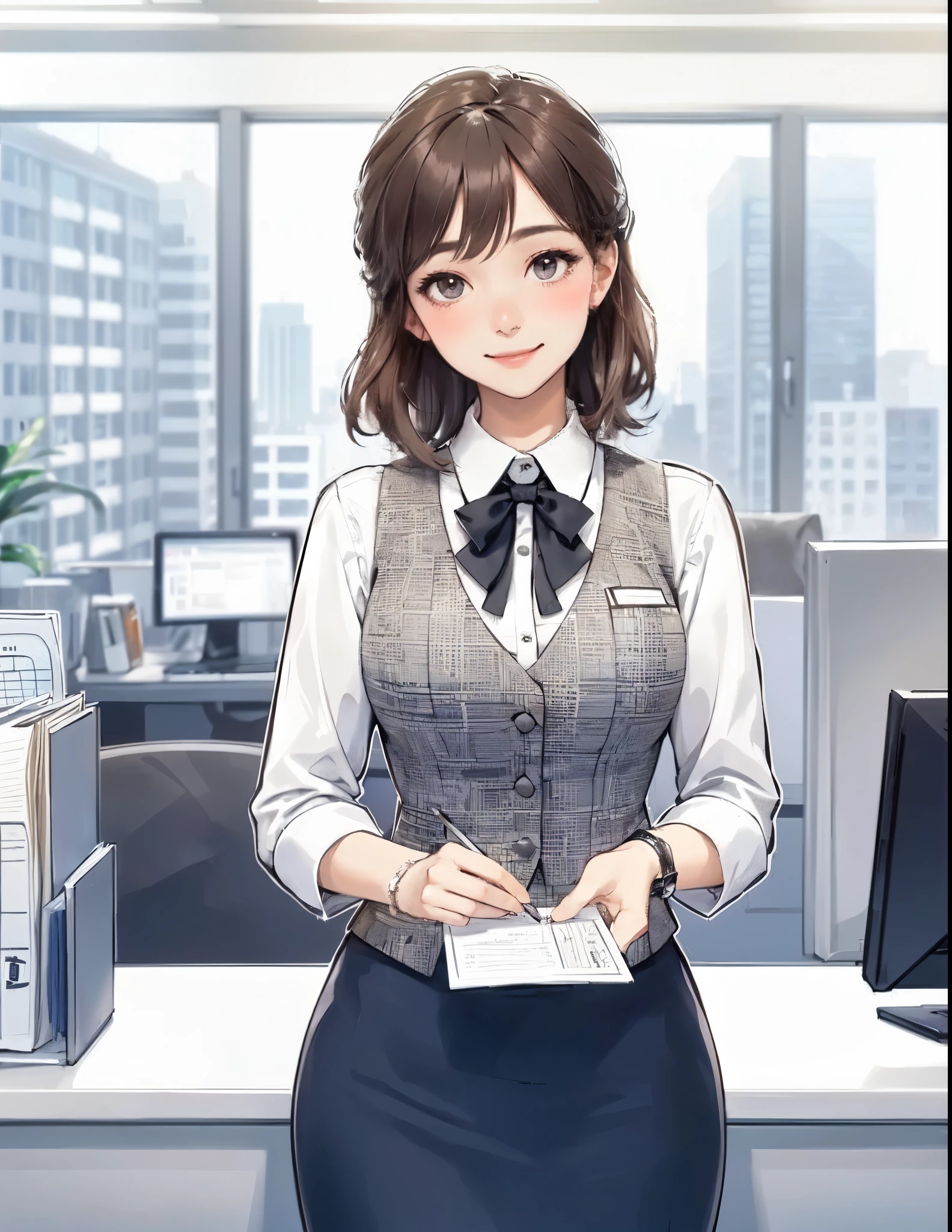 1lady standing, (holding a proposal), office worker, (vest with white and gray checks:1.2) (pencil skirt) bowtie, mature female, /(dark brown hair/) bangs, blush kind smile, (masterpiece best quality:1.2) delicate illustration ultra-detailed, large breasts BREAK (modern office indoors), window skyscraper, detailed background