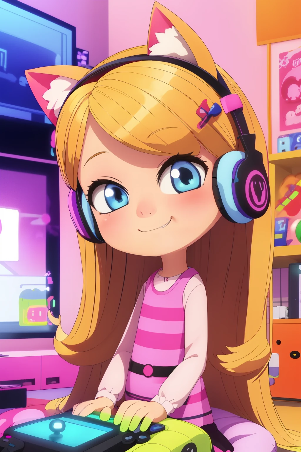 1girl, beautiful eye, smile, gaming girl, cheerful expression, long blonde hair, twinkling blue eyes, pink dress, cute cat ear headphones in pastel colors, cross-legged pose, playing a handheld game console, a soft and fluffy room background, plush toys scattered around, pastel-colored pillows, warm glow from a nearby desk lamp, fuzzy carpet under her, game console screen glowing with vibrant colors, long tube socks, pink fluffy slipper, soft shadows adding depth to her surroundings, light from the game console illuminating her face, focus and enjoyment evident in her eyes, fingers deftly moving over the game controls, soft blush on her cheeks, strands of hair falling over her face, a happy grin lighting up her face, headphones adorned with cute cat-themed details, ear tufts and pink accents, her posture relaxed and comfortable, colorful game posters adorning the walls, game-themed trinkets and figurines on shelves in the background, a comfortable gaming chair behind her, hint of a giggle escaping from her lips, relaxed and cozy atmosphere, gentle, playful and carefree, pillows and plush toys mirroring her love for games, fluffy and soft textures contrasting with the sharp glow of the game screen, overall scene full of cuteness and fun,