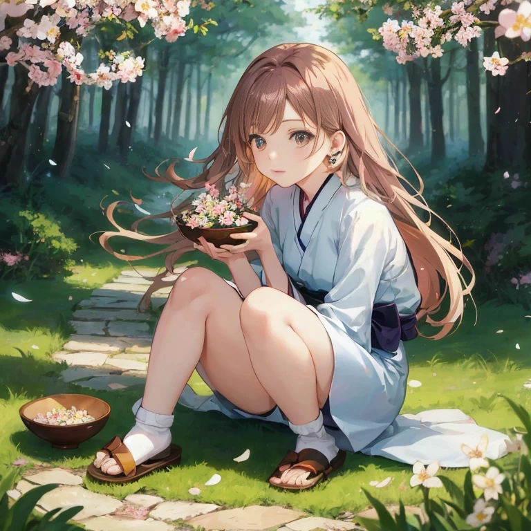 anime girl with long hair sitting on the ground holding a bowl of flowers, sakura petals around her, cute anime girl, young anime girl, beautiful anime girl, beautiful anime girl squatting, anime girl with long hair, anime visual of a cute girl, beautiful anime portrait, (anime girl), cute anime waifu in a nice dress, pretty anime girl, pixiv contest winner
