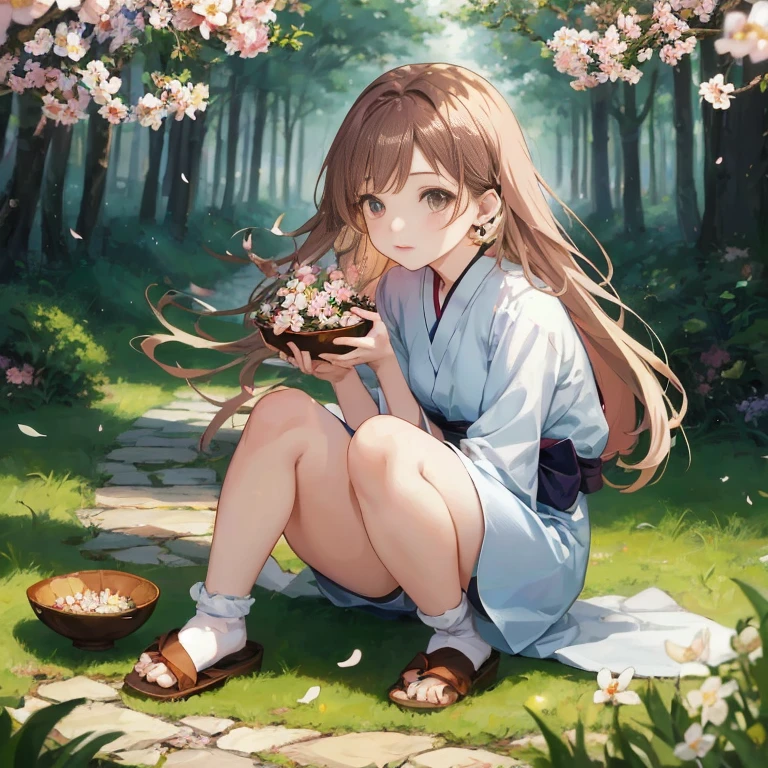 anime girl with long hair sitting on the ground holding a bowl of flowers, sakura petals around her, cute anime girl, young anime girl, beautiful anime girl, beautiful anime girl squatting, anime girl with long hair, anime visual of a cute girl, beautiful anime portrait, (anime girl), cute anime waifu in a nice dress, pretty anime girl, pixiv contest winner