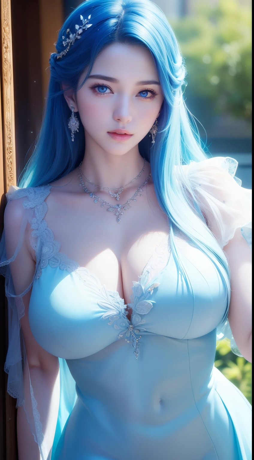 Beautiful big breasts, (bokeh), indoors, detailed luxury living room, gentle and charming beautiful goddess, Korean(kpop-idol), solo, smooth skin, necklace, (blue eyes), oval face, double eyelids, smart, good hands, good feet, Natural, (from below angle), (glossy skin:1.05), ((low angle)), Perfect figure, (64k, UHD, RAW photo, best quality, masterpiece:1.4), (realistic, photo-realistic:1.37), ultra high res, photon mapping, radiosity, physically-based rendering, professional soft lighting