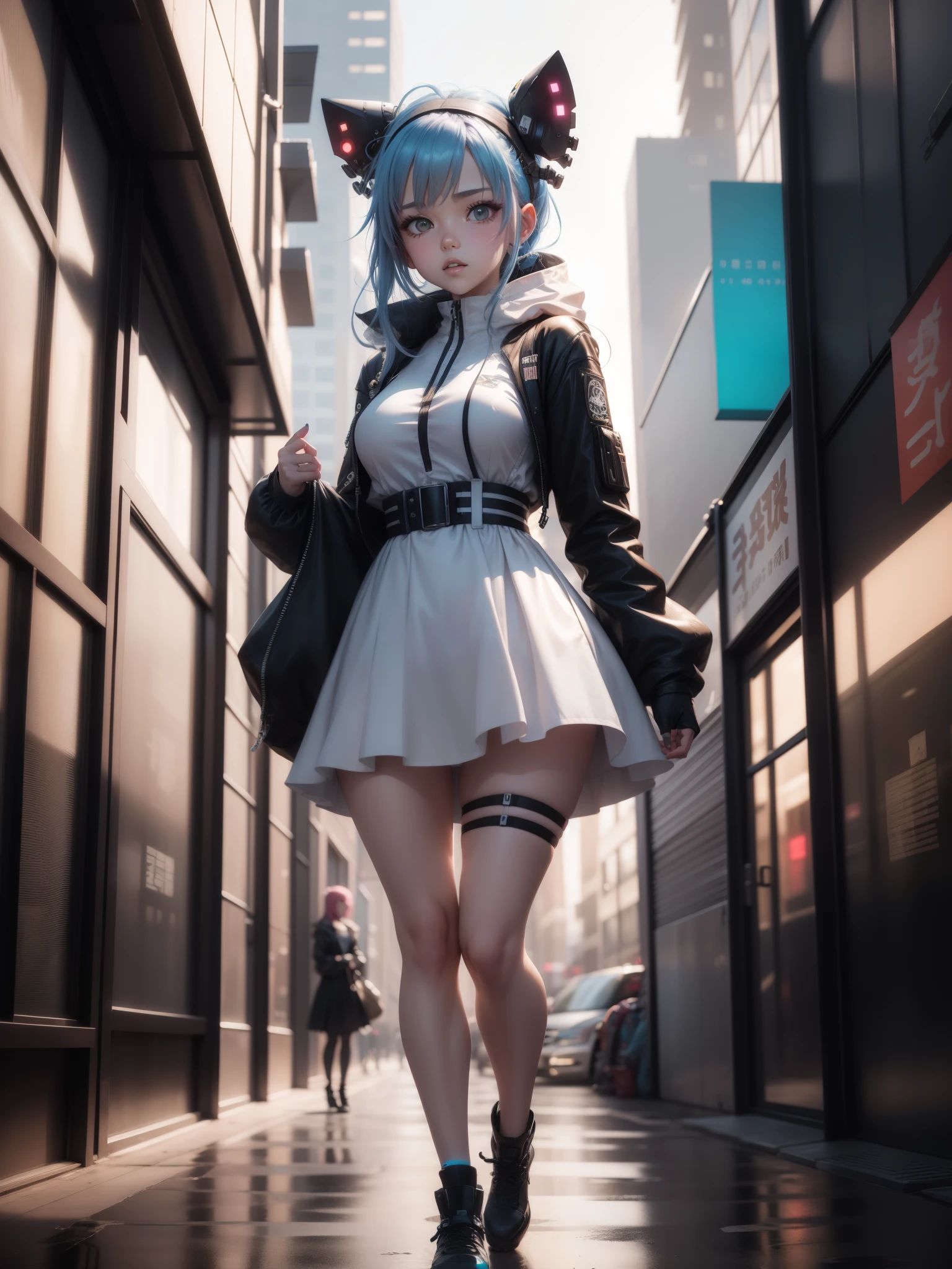 anime girl in a dress and headband standing in front of a building, digital cyberpunk anime art, digital cyberpunk - anime art, anime cyberpunk art, cyberpunk anime girl, cyberpunk anime girl mech, anime style 4 k, best anime 4k konachan wallpaper, cyber school girl, cyberpunk anime art, portrait anime space cadet girl, anime girl of the future, dreamy cyberpunk girl