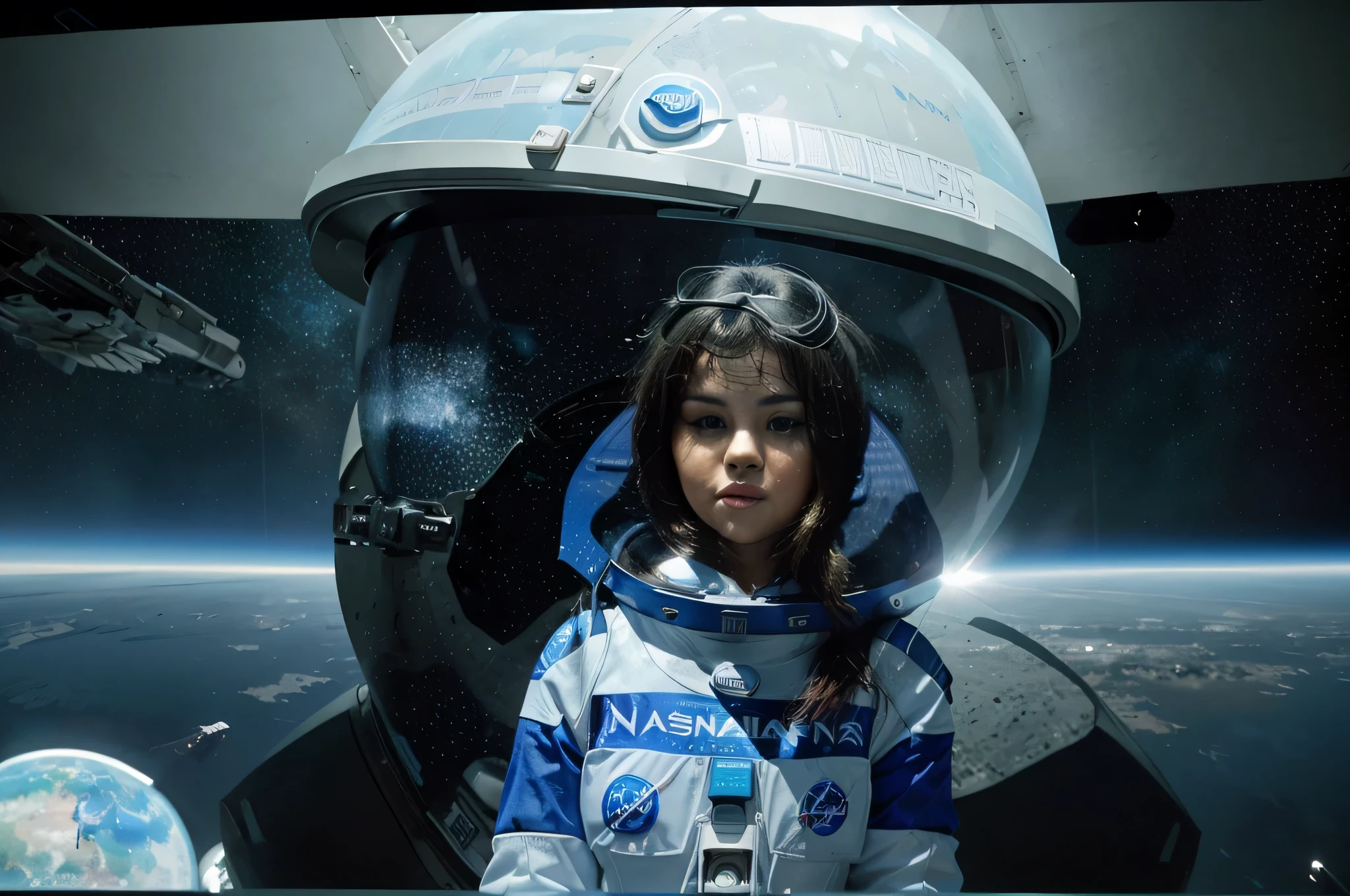 Uma foto realista de Selena Gomez vestindo um traje espacial azul e branco com o logotipo da NASA na frente, a helmet on the head, uma viseira transparente que lhe permite ver o mundo ao seu redor e um sorriso no rosto. She is standing in front of the spaceship, with planet Earth and outer space in the background.