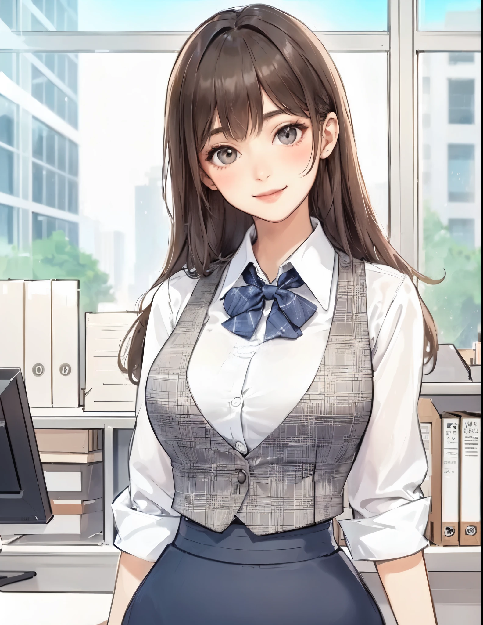 1lady standing, office worker, receptionist, (vest with white and gray checks:1.2) (navy pencil skirt) bowtie, mature female, /(dark brown hair/) bangs, blush kind smile, (masterpiece best quality:1.2) delicate illustration ultra-detailed, large breasts BREAK (modern office indoors), window cityscape, detailed background