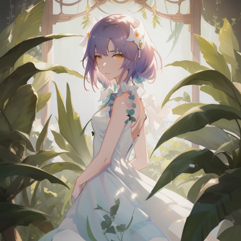 anime girl in a white dress standing in a garden with plants, loli in dress, makoto shinkai. digital render, guweiz on pixiv artstation, makoto shinkai art style, guweiz, made with anime painter studio, makoto, anime art wallpaper 8 k, guweiz on artstation pixiv