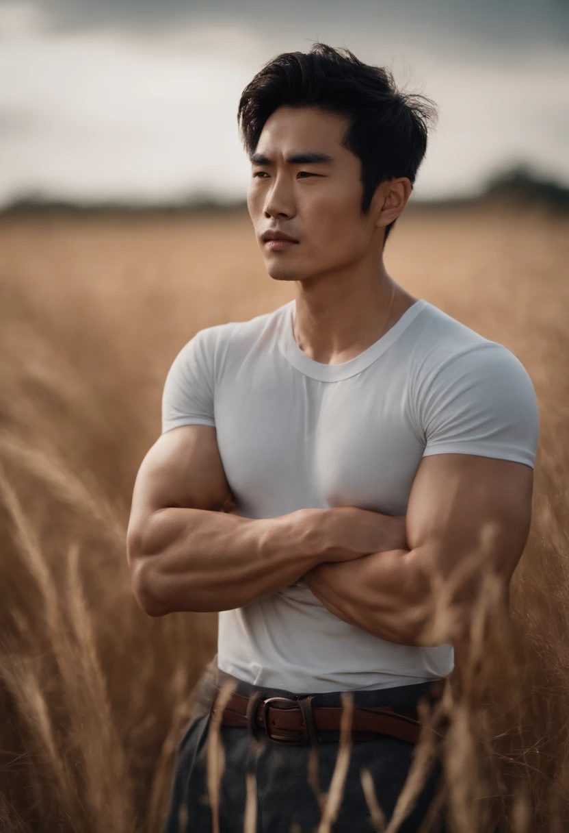 young japanese man,Very handsome,The face is perfectly clear.,Abdominal muscles,dry grass