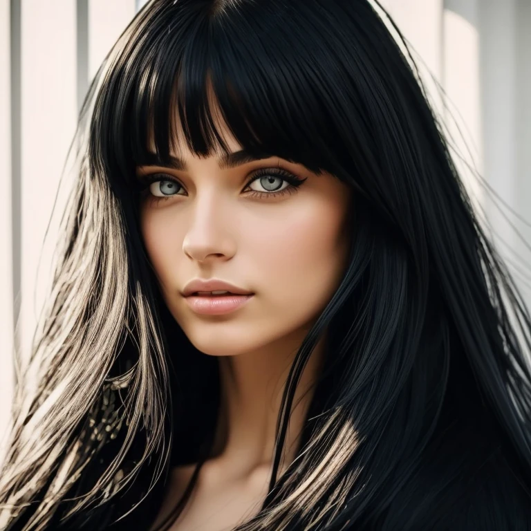 (best quality,ultra-detailed),a woman with long black hair,slanted eyes, monolid, blunt bangs, beautiful detailed eyes, beautiful detailed lips, extremely detailed eyes and face, long eyelashes, realistic, black and white portrait, high contrast, chiaroscuro lighting, fine pencil strokes, dark and mysterious atmosphere, intense gaze, elegant and confident pose, smooth and shiny hair, minimalist background