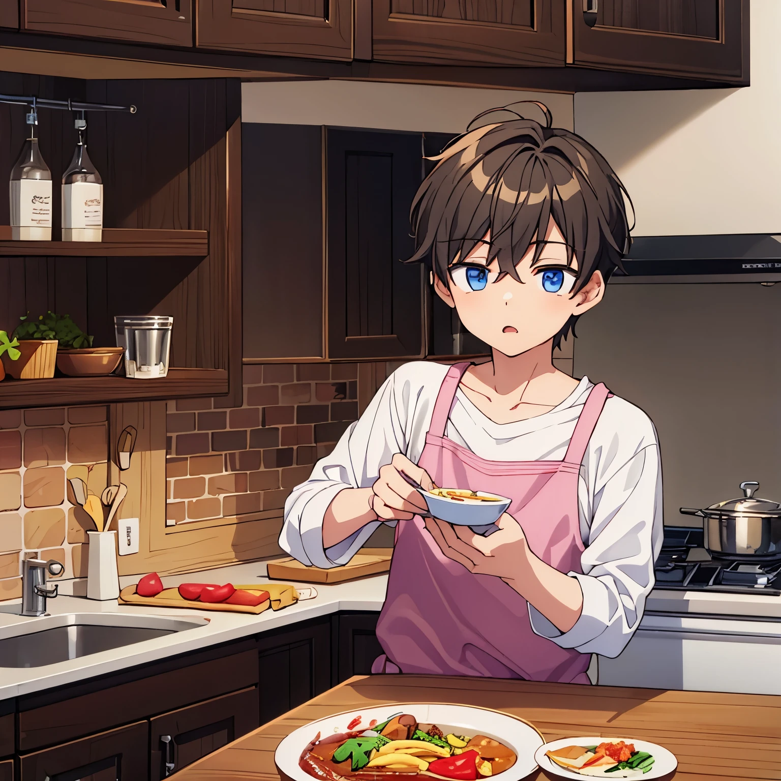 1 boy 20 years old ,,,eat in the kitchen