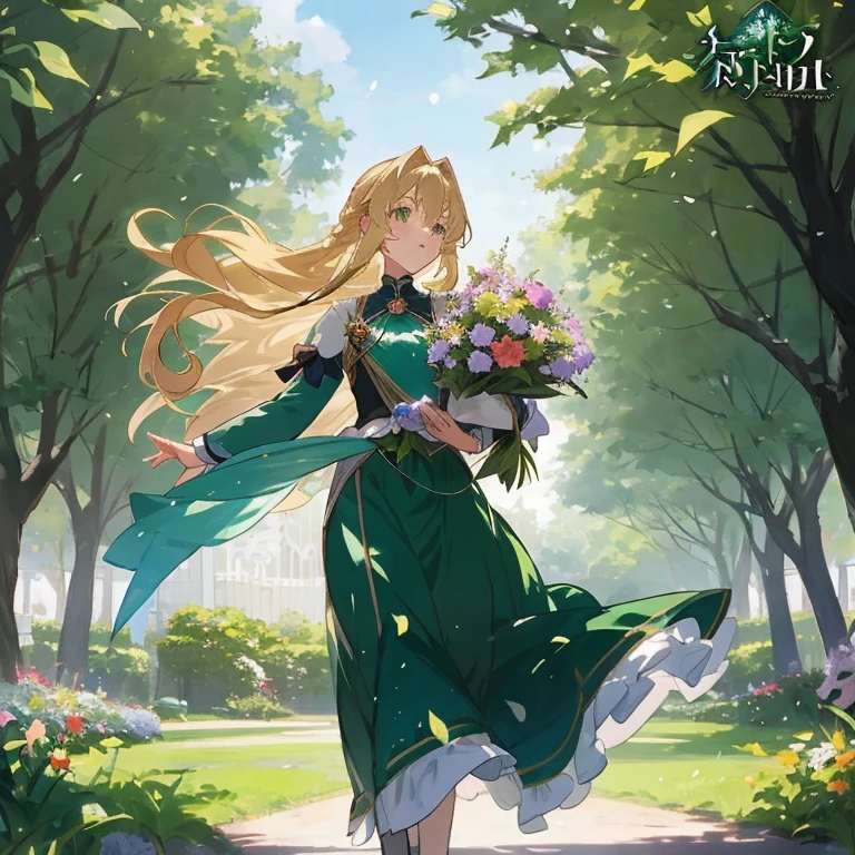 anime girl with long hair and green dress walking in park, loli in dress, blonde - haired princess, violet evergarden, blonde anime girl with long hair, the emerald herald in the garden, carrying flowers, official art, official anime artwork, cushart krenz key art feminine, beautiful maiden, she is the center of the garden