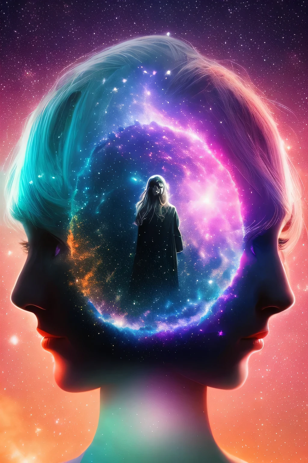 A cosmic double exposure image combining a starry sky with a portrait of a person, created using Pixar 3D, inspired by the work of artist Elsa Chang. The scene features a person standing in a field at night, gazing up at the stars above them, while their double exposure is a galaxy with colorful nebulas. The color temperature is cool with a blueish hue, and the atmosphere is dreamy and surreal. The person's expression is one of wonder and amazement. The lighting is soft, casting a gentle glow on the person and the surroundings. --v 5 --stylize 1000